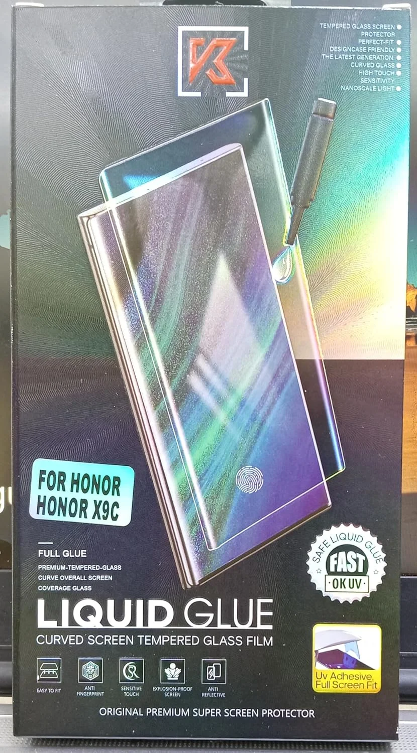 محافظ صفحه نمایش شیشه ای حرارت دیده منحنی با چسب مایع برای آنر X9C، پوشش کامل، چسب UV، ضد اثر انگشت