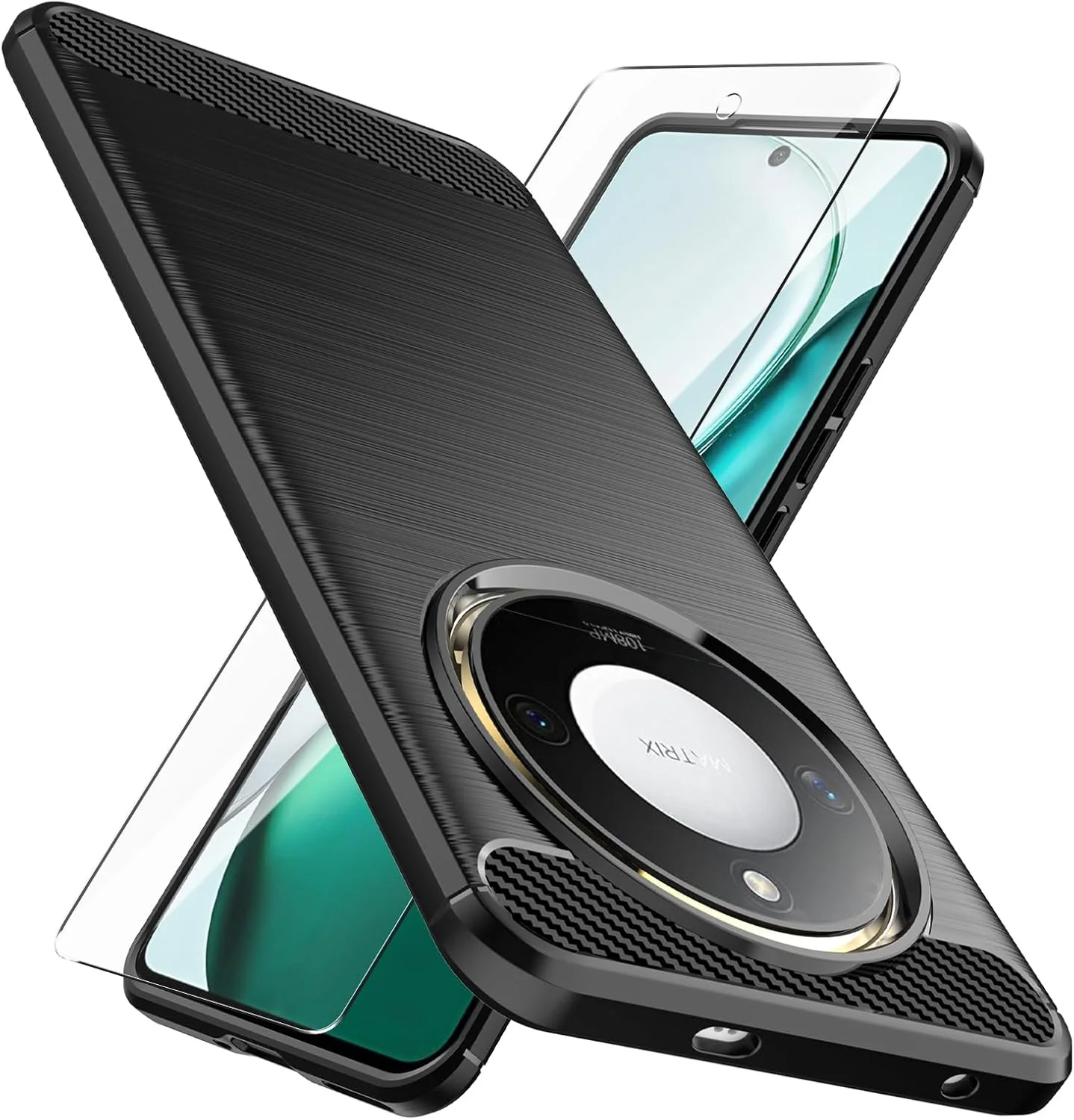 کاور نتبوک برای گوشی Honor X9C Smart 5G، کاور TPU سیلیکونی فیبر کربنی نرم و برس خورده و یک عدد محافظ صفحه نمایش شیشه ای حرارت دیده، ضد خش، ضد لغزش، ضد ضربه کاور Honor X9C Smart