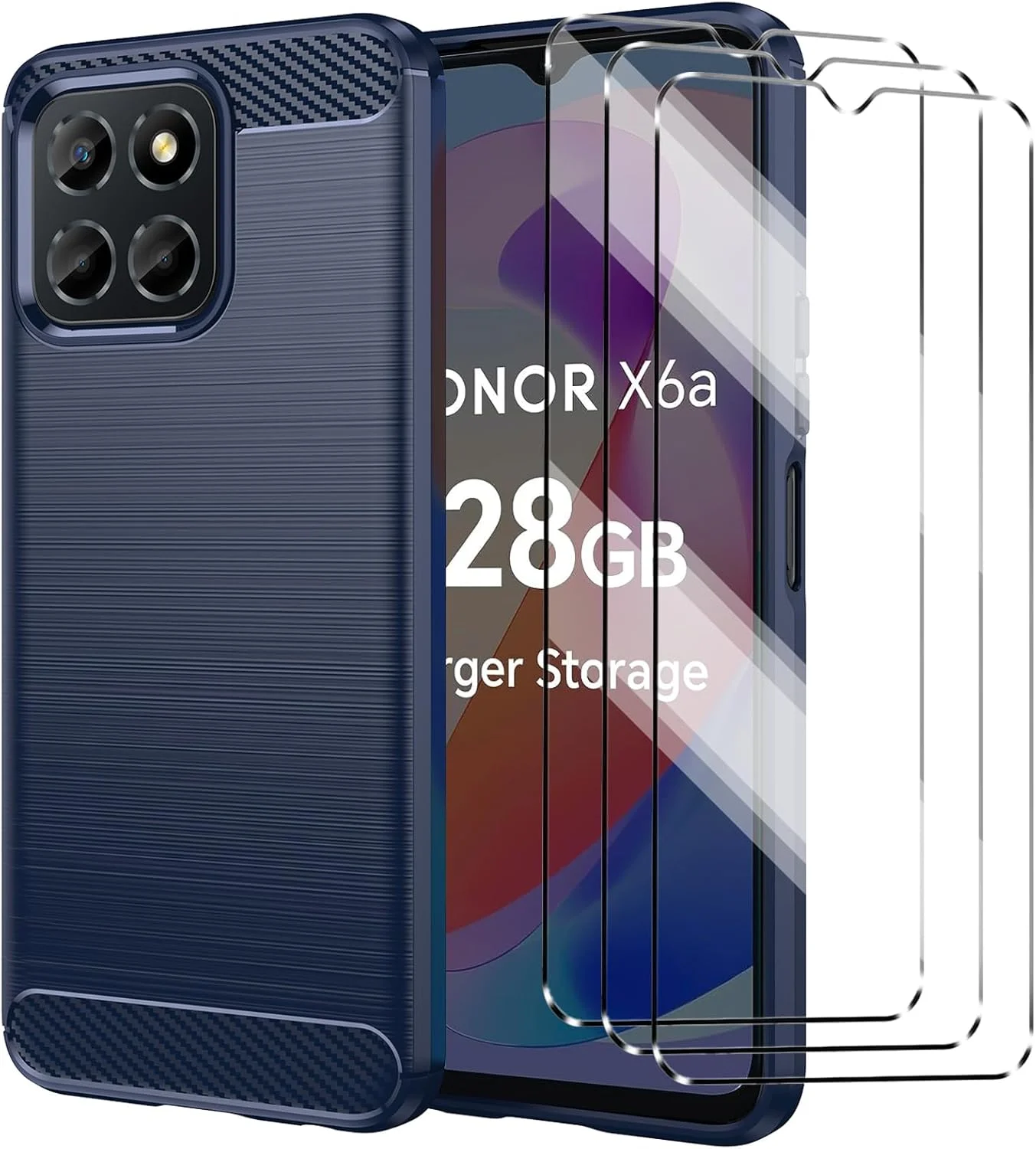 قاب محافظ گوشی آنر X6A به همراه 3 عدد محافظ صفحه نمایش شیشه ای، باریک، TPU نرم، ضد ضربه و ضد خش - سرمه ای