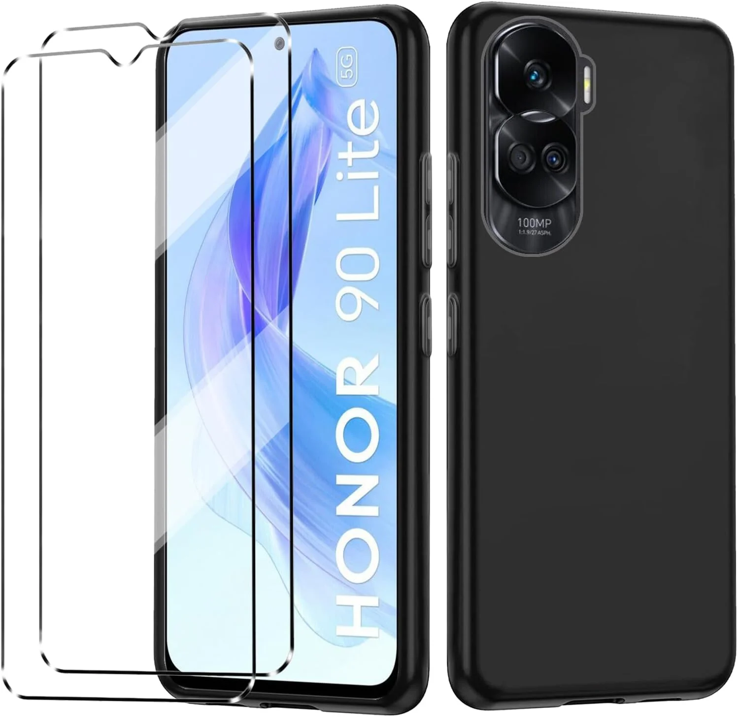 کاور گوشی HuiYouMY [3 در 1] سازگار با Honor 90 Lite به همراه 2 عدد محافظ صفحه نمایش شیشه ای حرارت دیده برای Honor 90 Lite، کاور باریک و نرم TPU ضد ضربه و ضد خش - سرمه ای