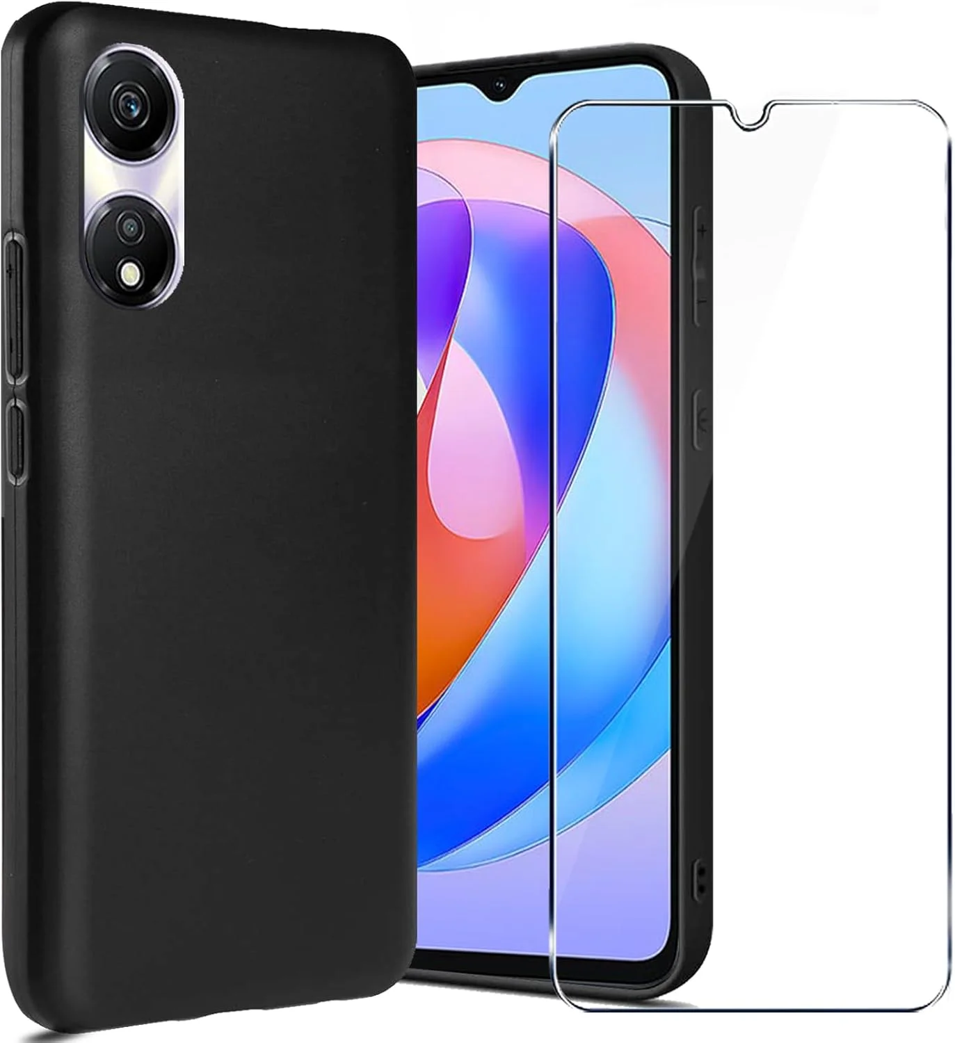 محافظ صفحه نمایش شیشه ای حرارت دیده برای گوشی Honor X5 Plus، قاب محافظ سبک وزن، کاور نرم TPU، قاب سیلیکونی لاستیکی گوشی، شیشه محافظ 9H، مشکی