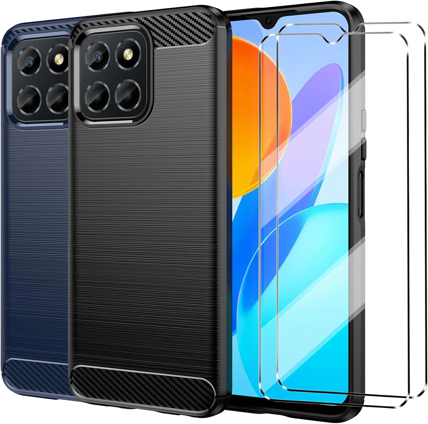 2 عدد قاب به همراه 2 عدد محافظ صفحه نمایش شیشه ای، قاب محافظ گوشی سازگار با Honor X6/Honor 70 Lite، قاب ضد ضربه سازگار با Honor X6/Honor 70 Lite، قاب سیلیکونی موبایل مشکی + سرمه ای