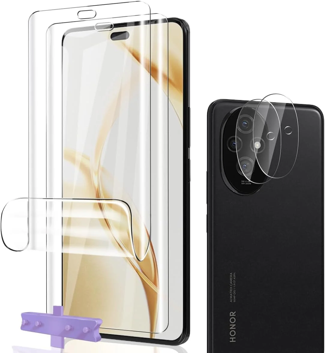 محافظ صفحه نمایش انعطاف پذیر TPU Phlleyaa برای گوشی آنر 200 پرو، 2 عدد + محافظ دوربین پشتی 2 عدد، بدون حباب، نصب آسان، شیشه حرارت دیده