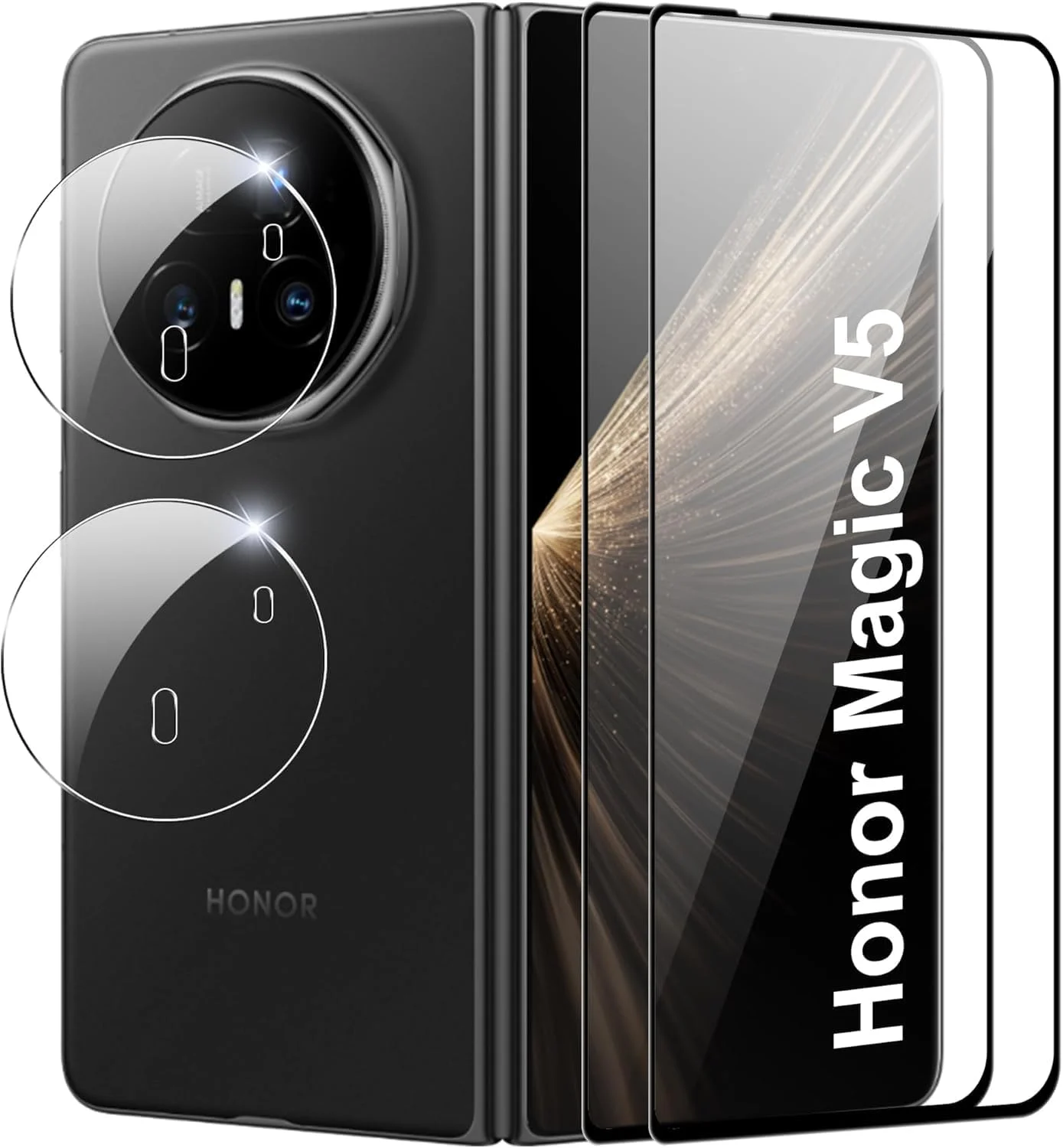 محافظ صفحه نمایش شیشه ای حرارت دیده Effcotuo برای گوشی آنر Magic V5، 2 عدد محافظ لنز دوربین پشتی، ضد خش، بدون حباب هوا - شیشه فوق العاده شفاف 9H