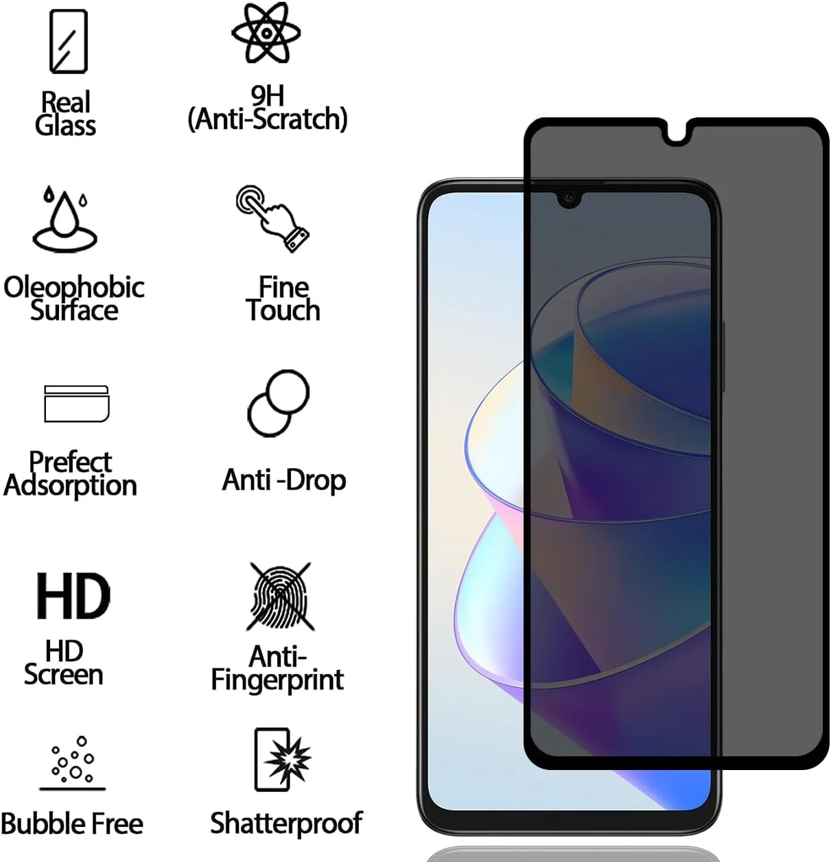 محافظ صفحه نمایش حریم خصوصی BCHKLAI برای Honor X7a [بسته 2 عددی]، فیلم شیشه ای حرارت دیده ضد جاسوسی، سختی 9H، ضد خش، ضد اثر انگشت، بدون حباب، محافظ صفحه نمایش ضد جاسوسی برای Honor X7a