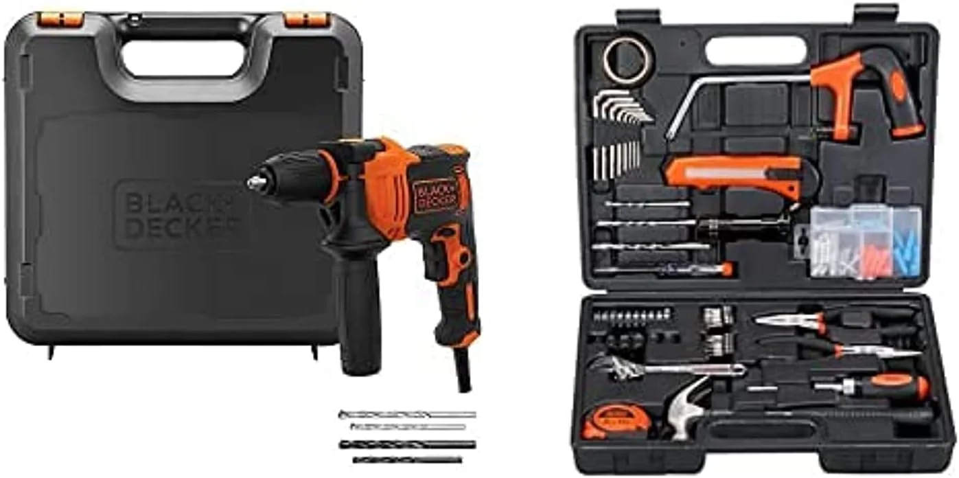 دریل چکشی تک سرعته 710 وات بلک اند دکر با سرعت 47600 ضربه در دقیقه به همراه 4 مته در جعبه ابزار برای سوراخکاری فلز و مصالح ساختمانی + جعبه ابزار 108 تکه برای منزل و محل کار