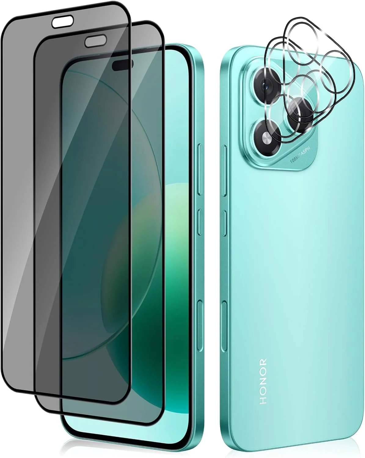محافظ صفحه نمایش حریم خصوصی HinZann برای گوشی هوشمند Honor 400 Lite 5G، [بسته 2+2] شیشه حرارت دیده ضد جاسوسی + محافظ دوربین، سختی 9H، محافظ صفحه نمایش حریم خصوصی برای Honor 400 Lite 5G