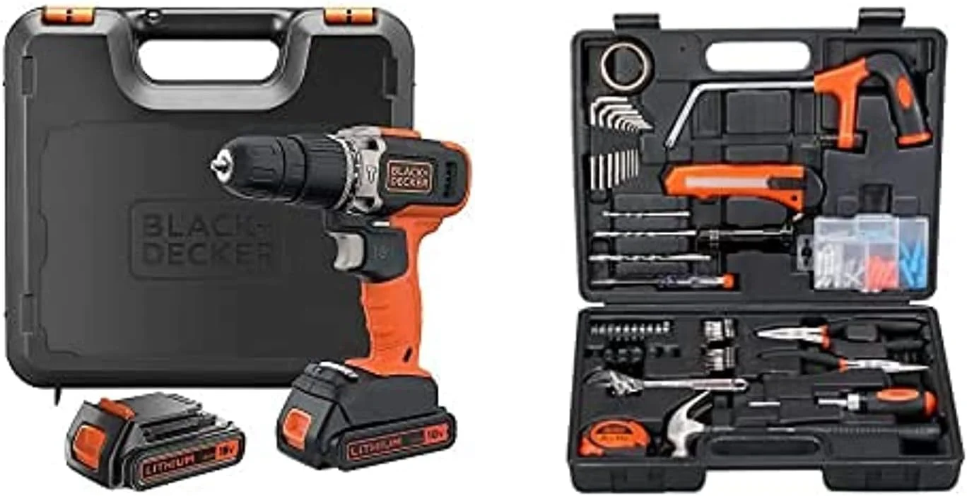 دریل چکشی ترکیبی 18 ولت 1.5 آمپر 650 دور در دقیقه بلک اند دکر با 2 باتری در جعبه ابزار برای فلز + جعبه ابزار 108 تکه دستی برای خانه و محل کار