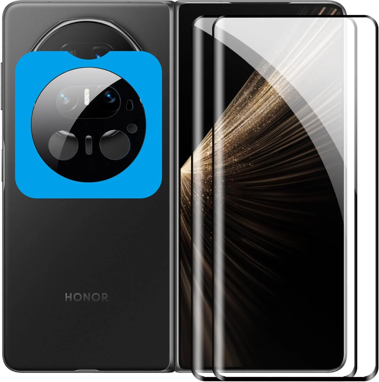 محافظ صفحه نمایش Suttkue برای Honor Magic v5 به همراه محافظ لنز دوربین، سختی 9H، ضد خش، شیشه حرارت دیده، سازگار با قاب، ضد اثر انگشت (بسته 2+1 عددی)