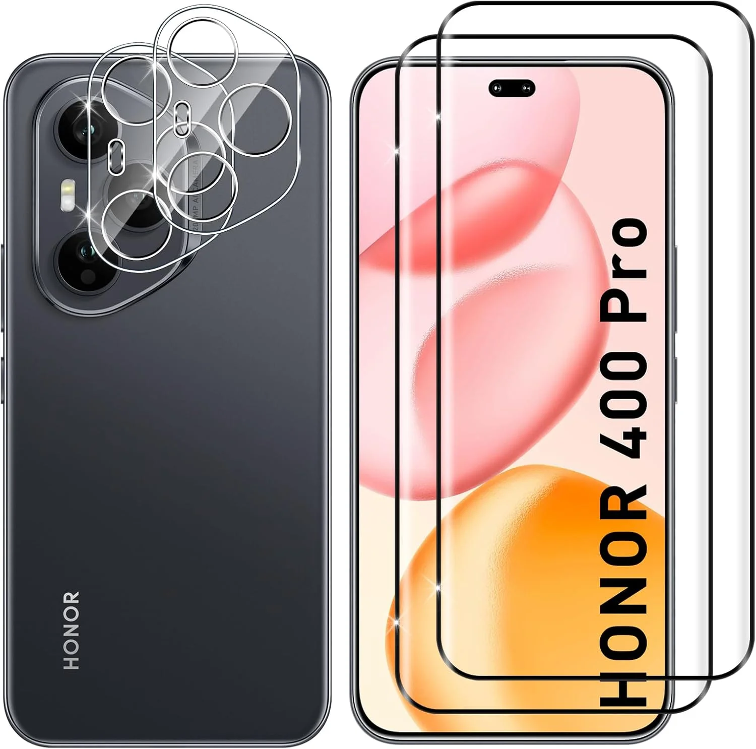 محافظ صفحه نمایش شیشه ای حرارتی Lutree برای Honor 400 Pro، بسته 2+2، محافظ صفحه نمایش سه بعدی + محافظ لنز دوربین، فیلم HD بدون حباب با سختی 9H، شیشه محافظ ممتاز ضد خش