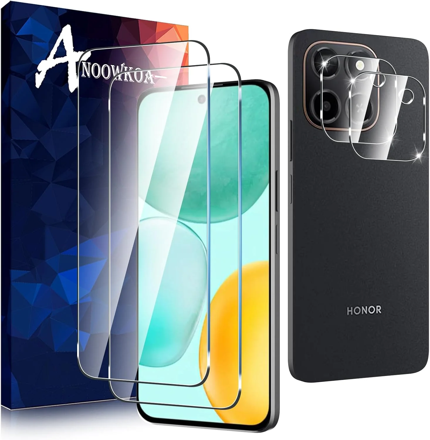 محافظ صفحه نمایش و محافظ لنز دوربین Anoowkoa مدل 2+2 عددی برای گوشی Honor X6c، فیلم شیشه ای حرارت دیده، ضد اثر انگشت