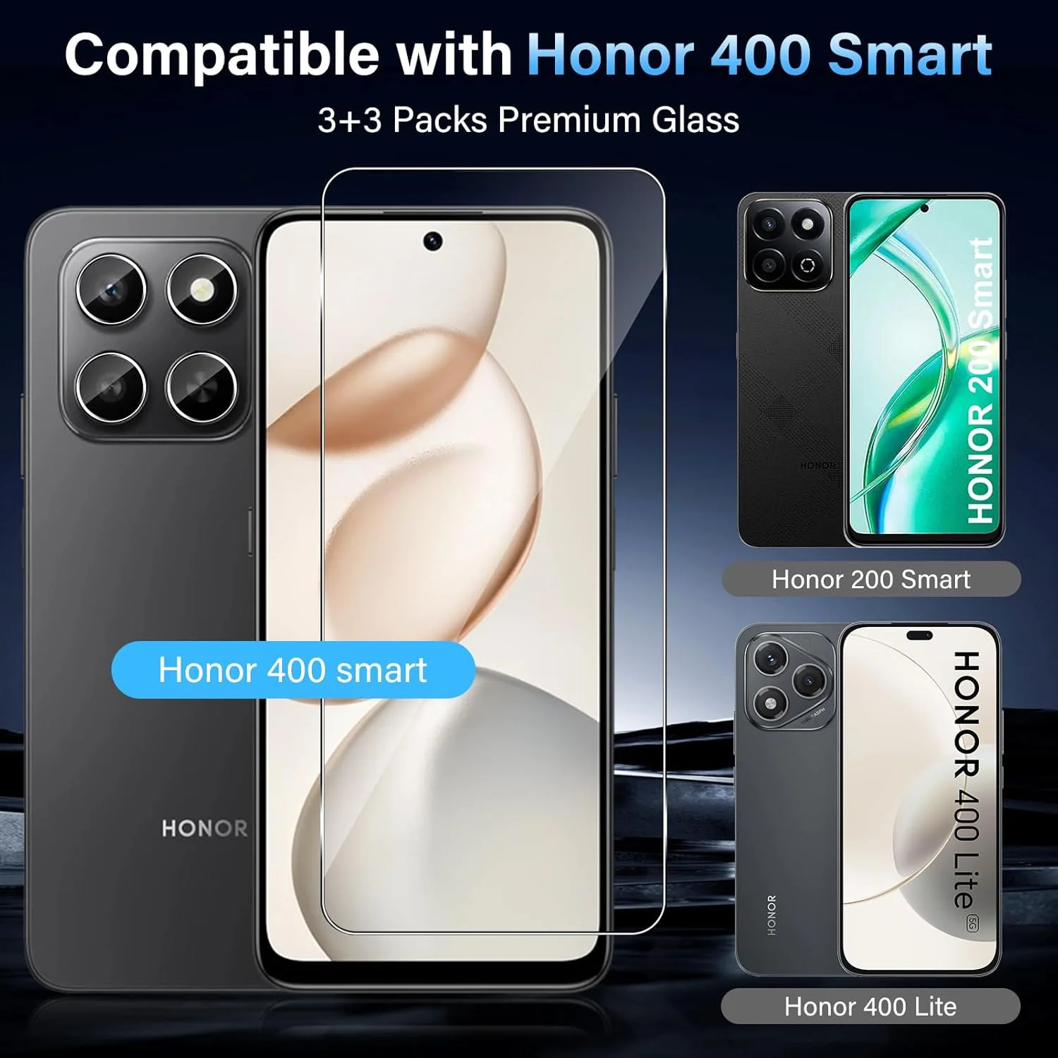 محافظ صفحه نمایش Xunzii برای Honor 400 Smart و محافظ لنز دوربین [3+3 عدد]، شیشه حرارت دیده مقاوم در برابر خراش با حساسیت بالا 9H HD [شفاف]