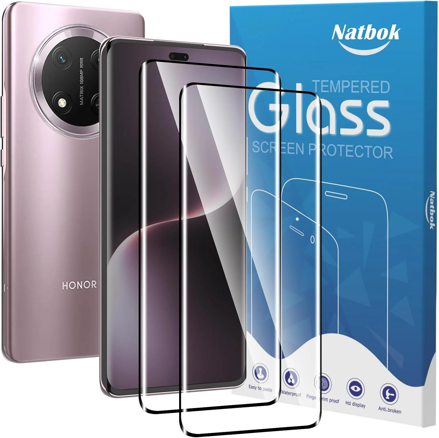 محافظ صفحه نمایش شیشه ای حرارت دیده سه بعدی Natbok بسته 2 عددی مناسب برای گوشی Honor Magic 7 Lite 5G، سختی 9H، فوق العاده مقاوم، بدون حباب، HD-Clear، پوشش کامل فیلم محافظ صفحه نمایش برای Honor Magic7 Lite/Honor X9C 5g