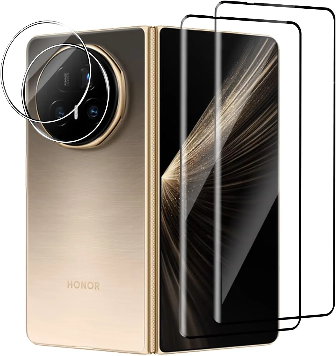 محافظ صفحه نمایش شیشه ای حرارت دیده Afikyutu برای Honor Magic V5، شامل 2 عدد محافظ صفحه نمایش سه بعدی و 2 عدد محافظ لنز دوربین عقب، سختی 9H، بدون حباب، ضد خش، نصب آسان