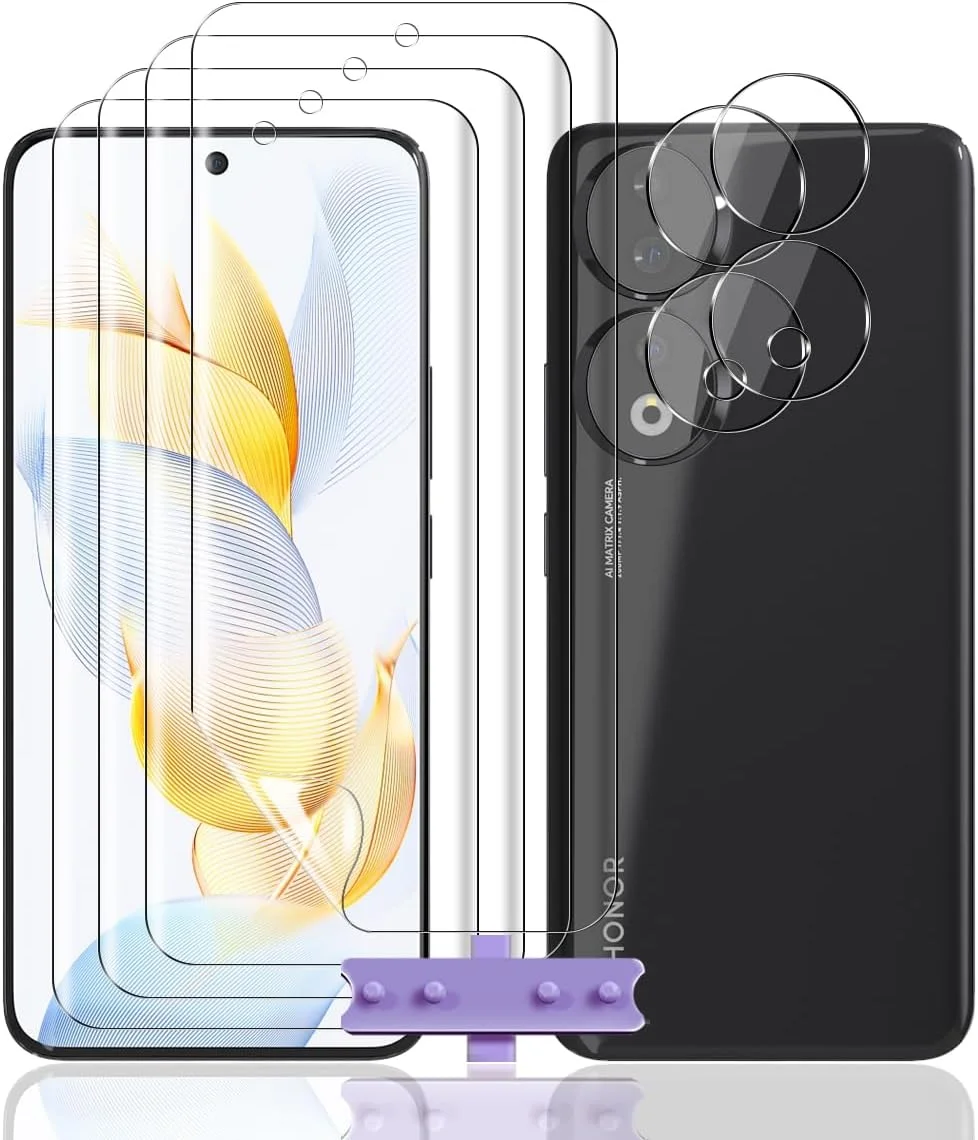 محافظ صفحه نمایش 4 + 2 تکه Rnnmeeko برای گوشی آنر 90 5G از جنس شیشه حرارت دیده، محافظ صفحه نمایش آنر 90 5G + محافظ دوربین، فیلم TPU آنر 90 5G HD ضد خش