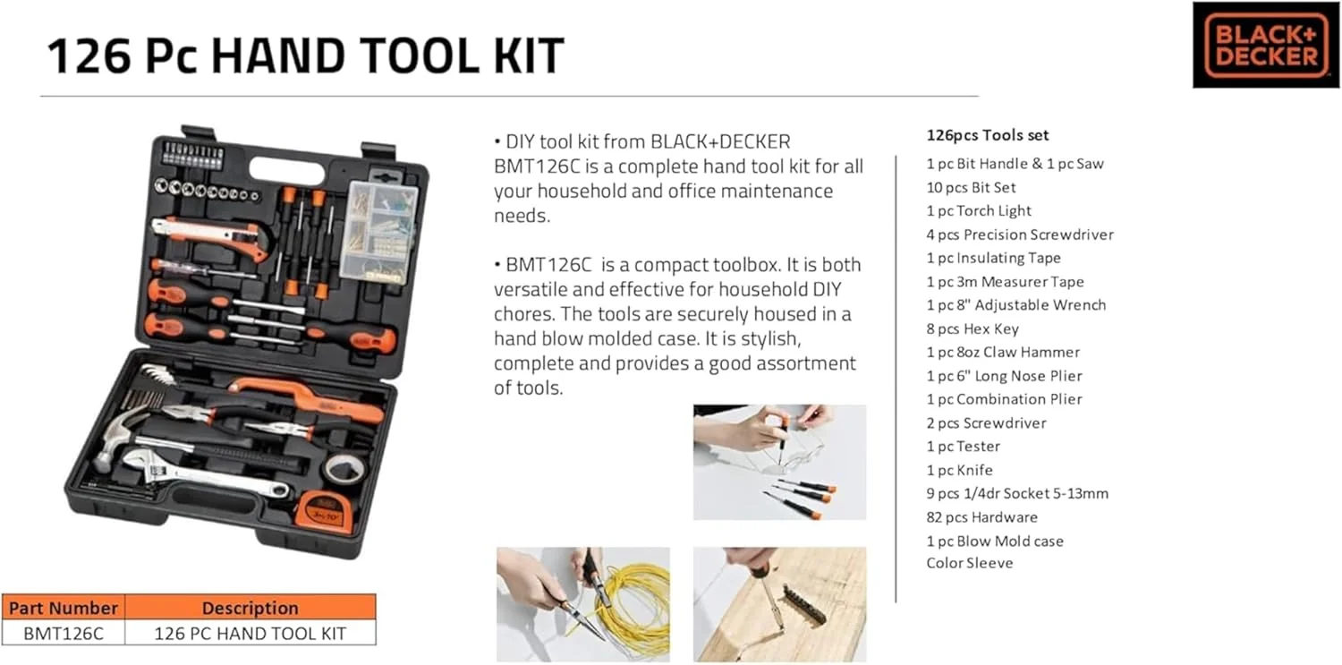 Black & Decker 126 Pieces Hand Tool Kit In Kitbox For Home Diy & Professional USe, Orange/Black - Bmt126C, 2 Years Warranty