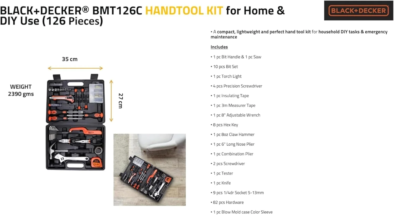 Black & Decker 126 Pieces Hand Tool Kit In Kitbox For Home Diy & Professional USe, Orange/Black - Bmt126C, 2 Years Warranty
