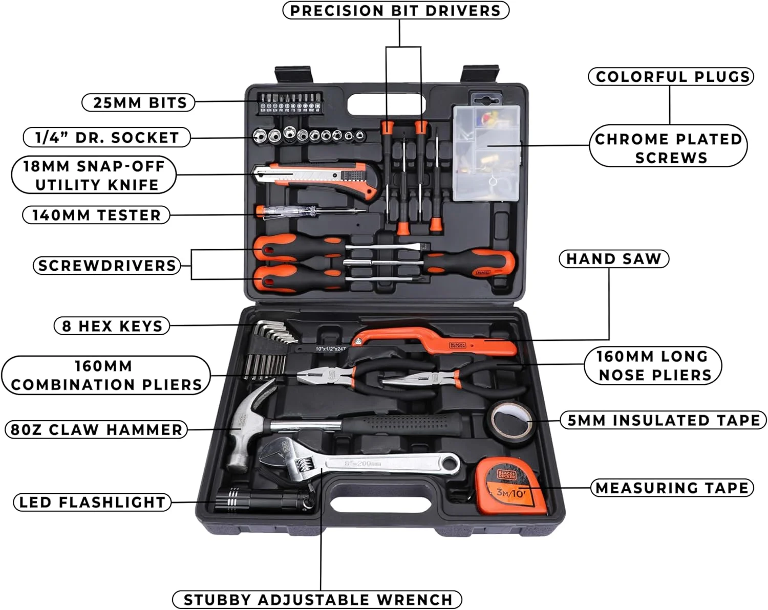 Black & Decker 126 Pieces Hand Tool Kit In Kitbox For Home Diy & Professional USe, Orange/Black - Bmt126C, 2 Years Warranty