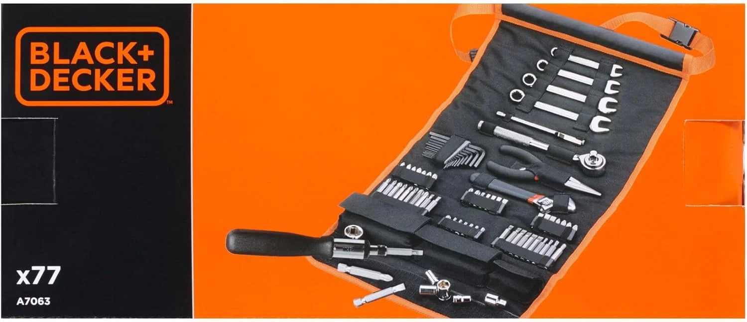 Black & Decker 77 Pieces Automotive Roll-up Kit with Socket Wrenches & Screwdriver Bitsets A7063-XJ