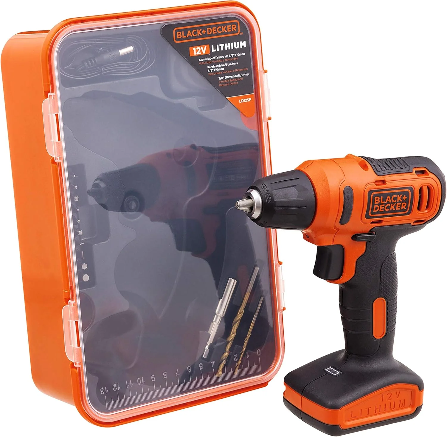 دریل پیچ گوشتی شارژی 12 ولت 1.5 آمپر 900 دور در دقیقه بلک اند دکر به همراه 13 عدد سری در جعبه ابزار مناسب برای سوراخکاری و بستن پیچ، نارنجی/مشکی، LD12SP-B5