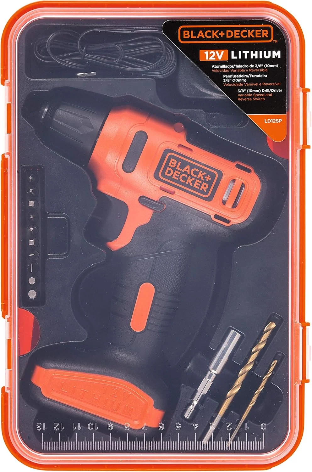 دریل پیچ گوشتی شارژی 12 ولت 1.5 آمپر 900 دور در دقیقه بلک اند دکر به همراه 13 عدد سری در جعبه ابزار مناسب برای سوراخکاری و بستن پیچ، نارنجی/مشکی، LD12SP-B5