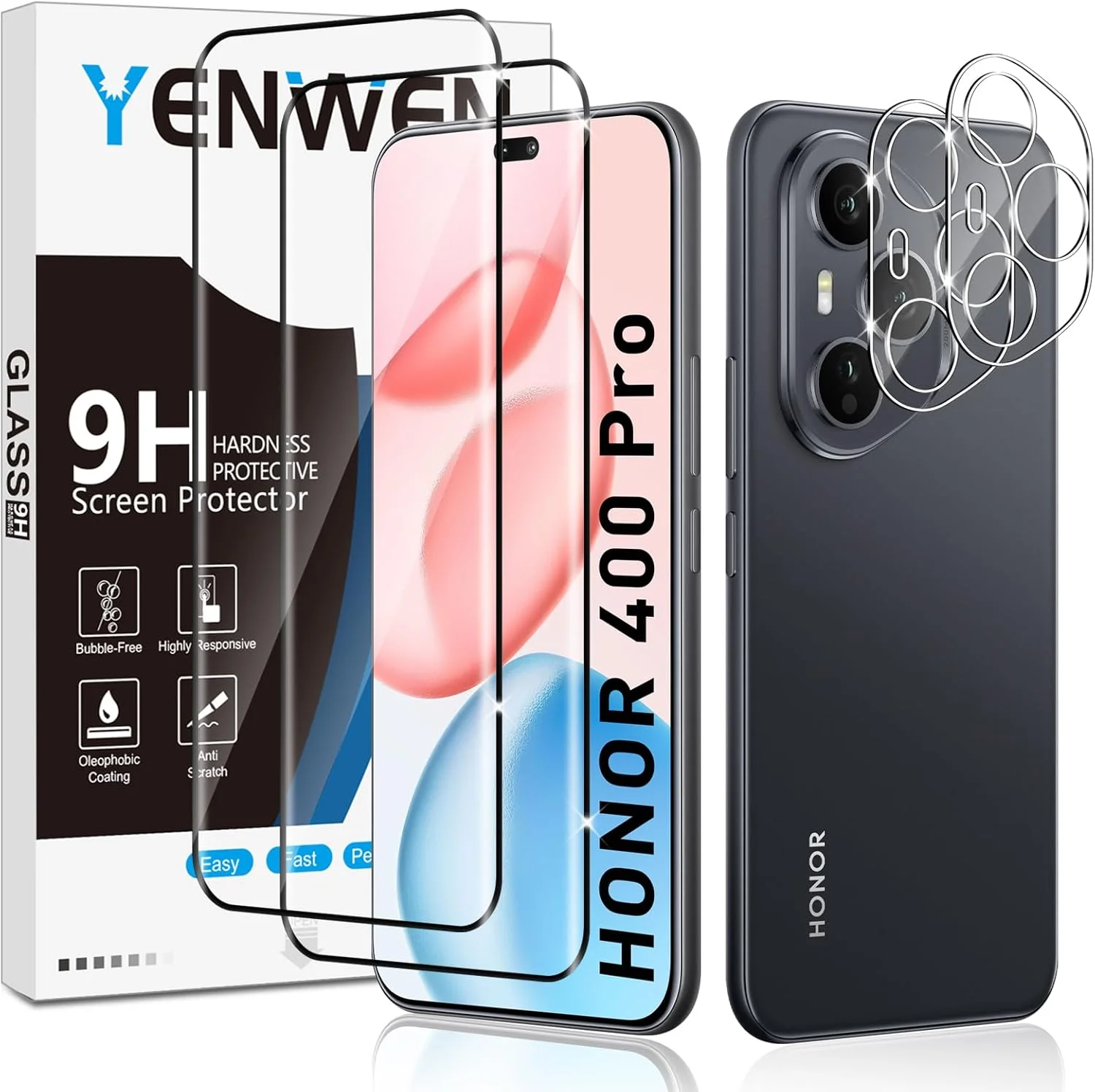محافظ صفحه نمایش Yenwen برای گوشی Honor 400 Pro 5G، بسته 2 عددی شیشه حرارت دیده به همراه 2 محافظ دوربین، فیلم محافظ گوشی شیشه ای سخت با درجه سختی 9H و وضوح HD