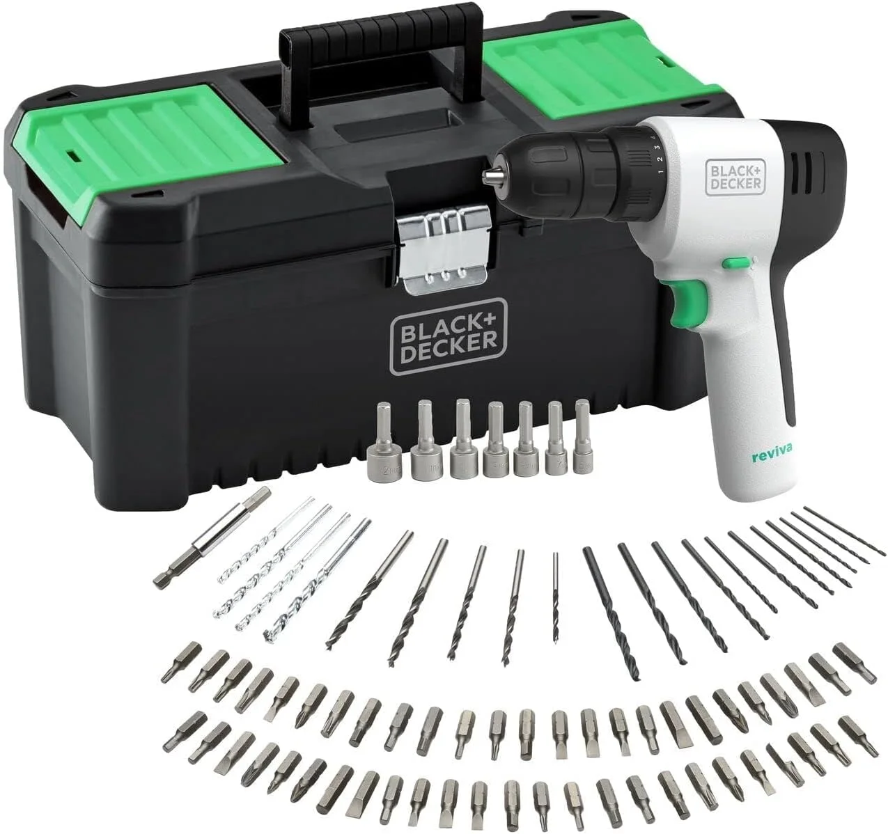 کیت دریل 12 ولت Black & Decker Reviva به همراه 80 قطعه لوازم جانبی و جعبه ابزار اکو 12.5 اینچی مدل REVDD12ASTB-GB