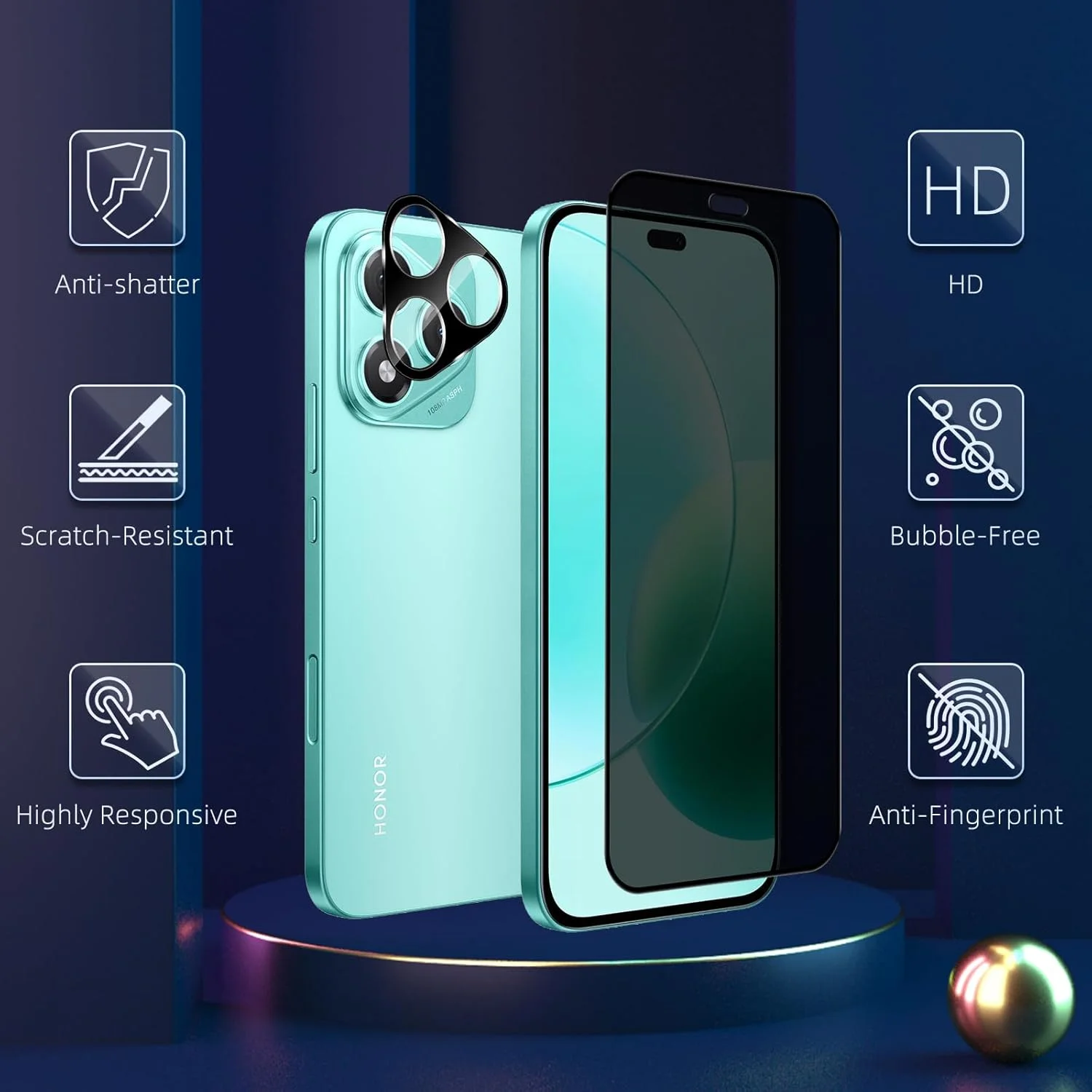 محافظ صفحه نمایش حریم خصوصی نیک مول [بسته 2+2] سازگار با گوشی Honor 400 Lite 5G + محافظ لنز دوربین، فیلم شیشه ای حرارت دیده ضد خش، پوشش کامل بدون حباب برای Honor 400 Lite 5G