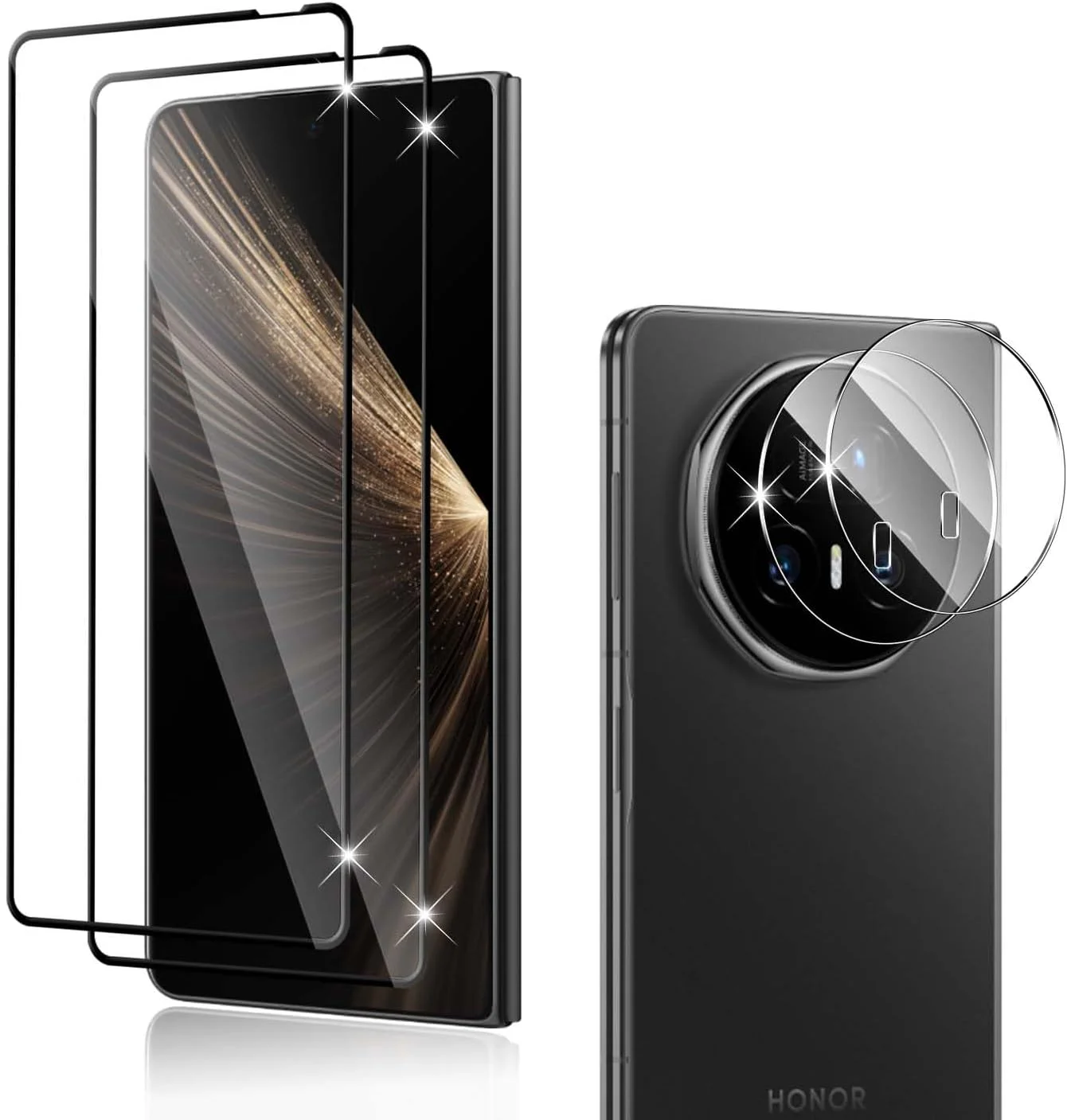 محافظ صفحه نمایش شیشه ای و محافظ لنز دوربین Holilo Honor Magic V5 [2+2 عدد]، ضد خش سختی 9H، فیلم محافظ صفحه نمایش شیشه ای بدون حباب