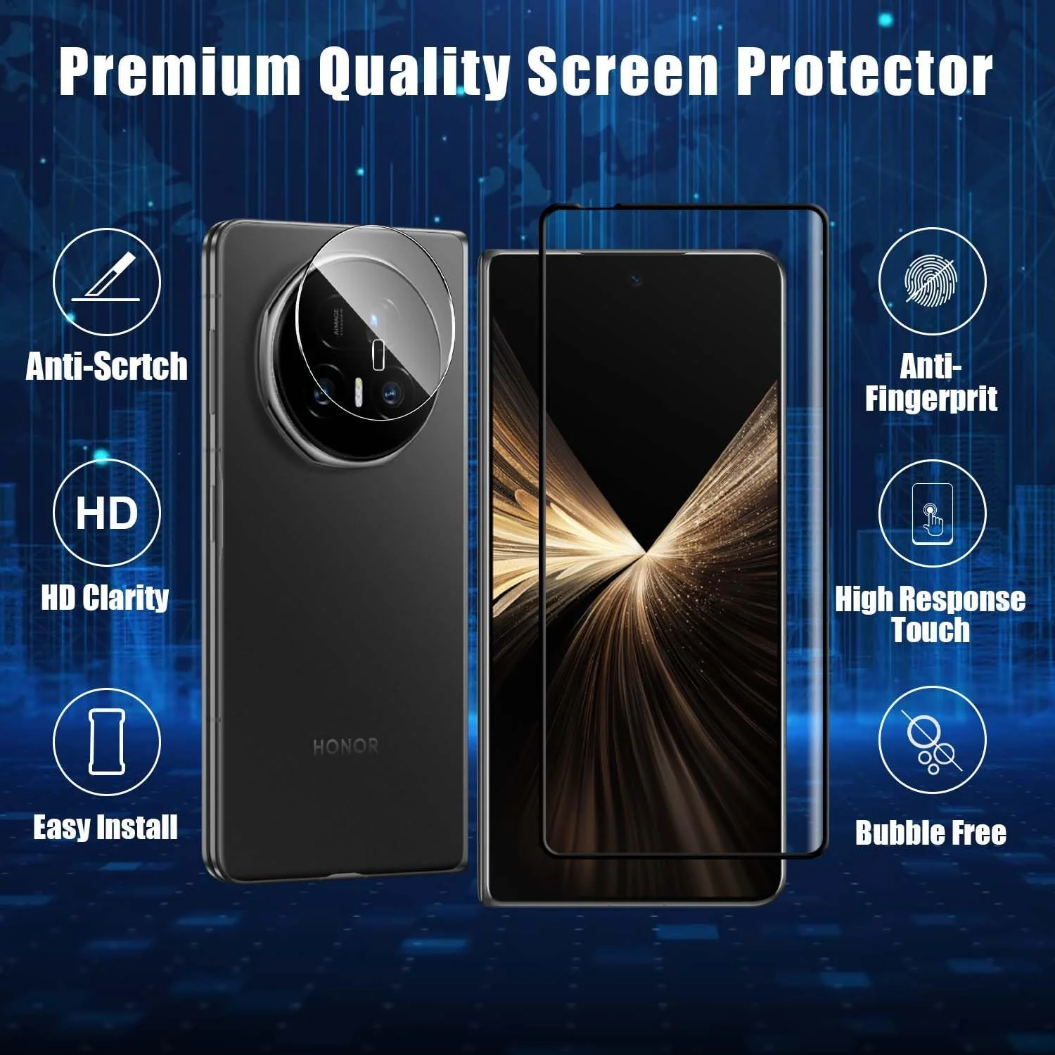محافظ صفحه نمایش شیشه ای و محافظ لنز دوربین Holilo Honor Magic V5 [2+2 عدد]، ضد خش سختی 9H، فیلم محافظ صفحه نمایش شیشه ای بدون حباب