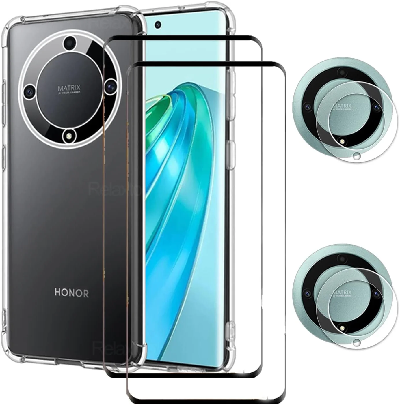 محافظ صفحه نمایش شیشه ای حرارت دیده و محافظ لنز دوربین و قاب گوشی لوکیون سازگار با Honor X9a 5G بسته [1+2+2]، پوشش شفاف HD با محافظ صفحه نمایش شیشه ای حرارت دیده تمام صفحه [ضد شکستگی] (شفاف)