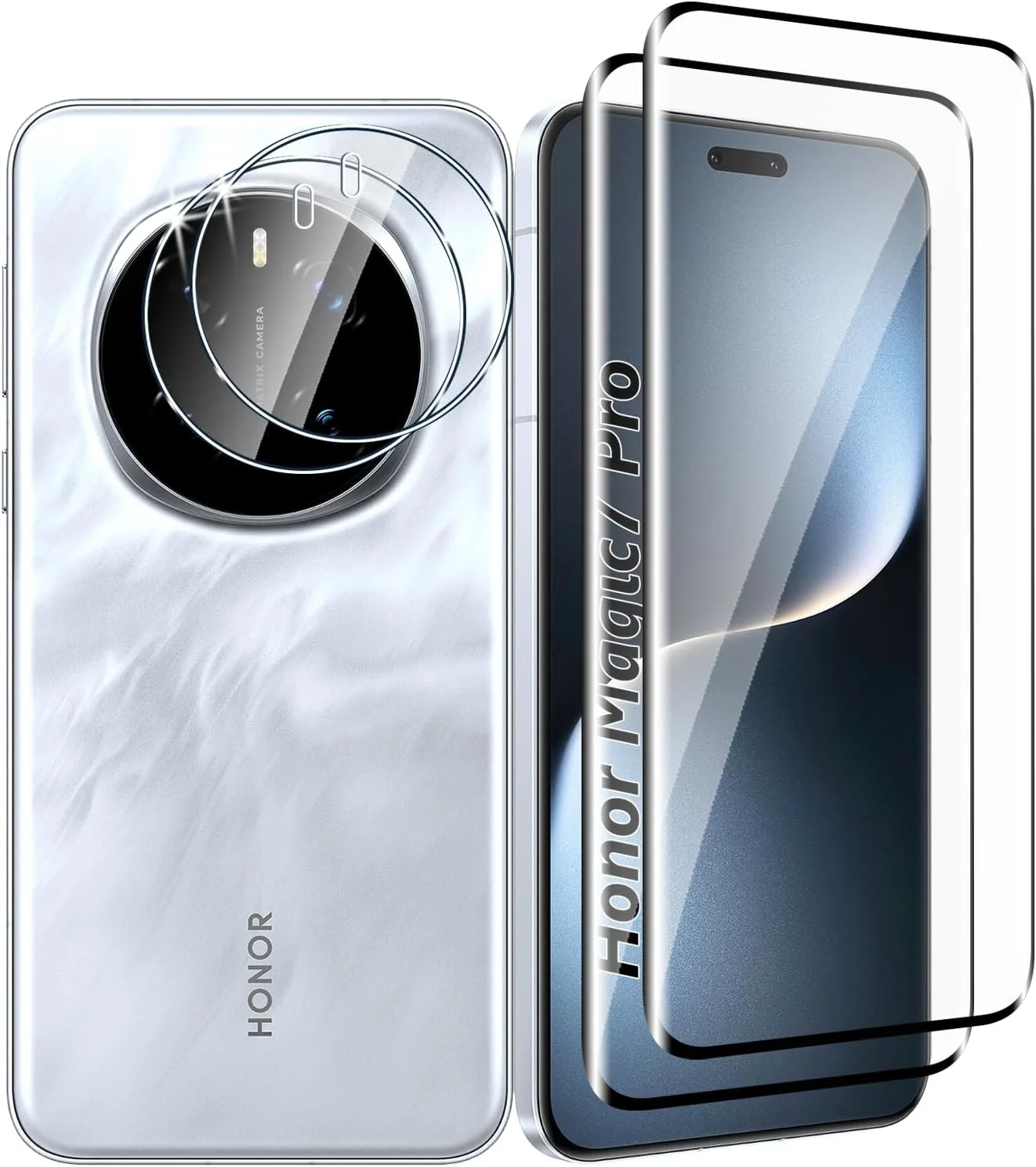 محافظ صفحه نمایش شیشه ای حرارت دیده Fyqzio [بسته 2+2 عددی] سازگار با Honor Magic7 Pro و دوربین، بدون حباب، سختی 9H، ضد خش، منحنی سه بعدی، محافظ صفحه نمایش HD