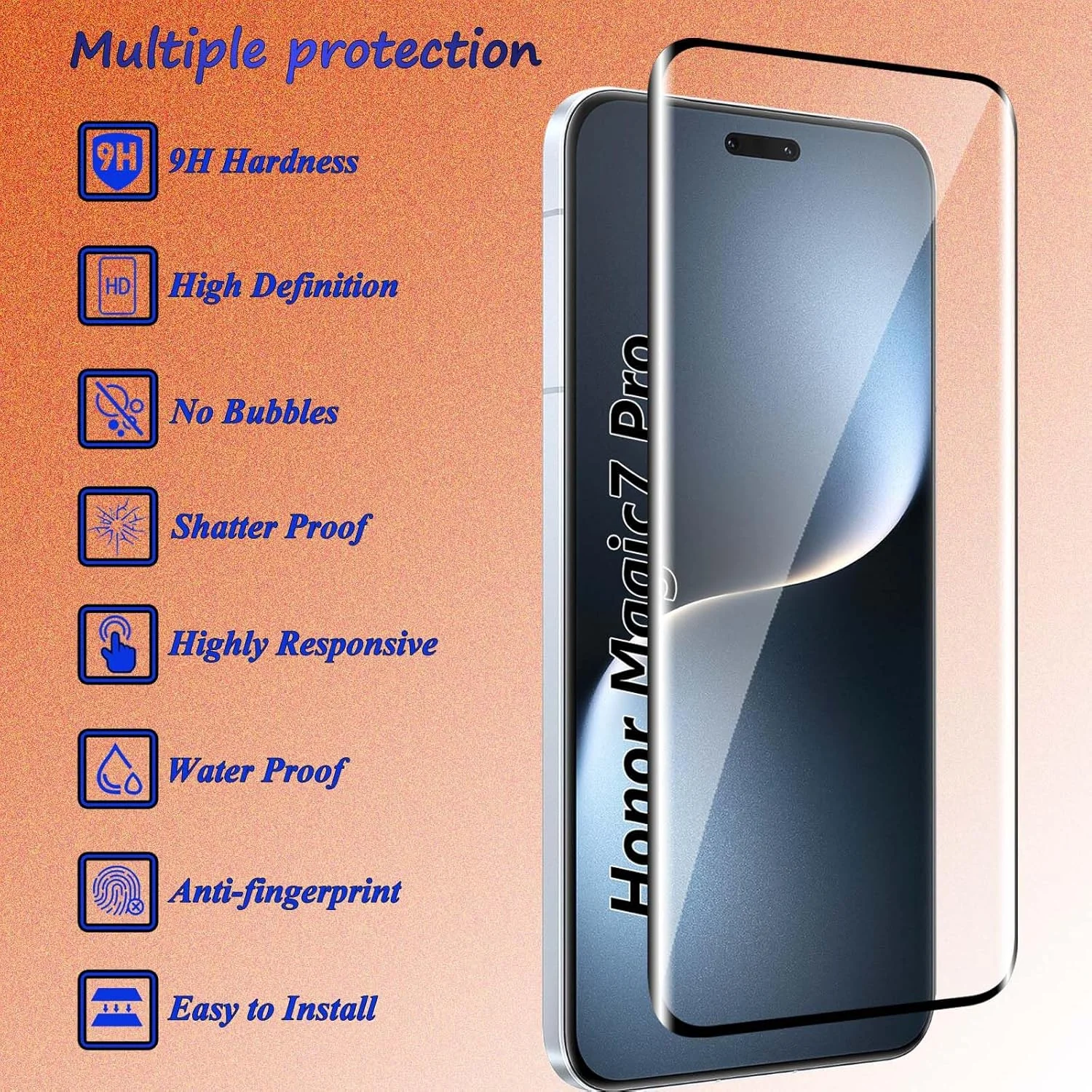 محافظ صفحه نمایش شیشه ای حرارت دیده Fyqzio [بسته 2+2 عددی] سازگار با Honor Magic7 Pro و دوربین، بدون حباب، سختی 9H، ضد خش، منحنی سه بعدی، محافظ صفحه نمایش HD