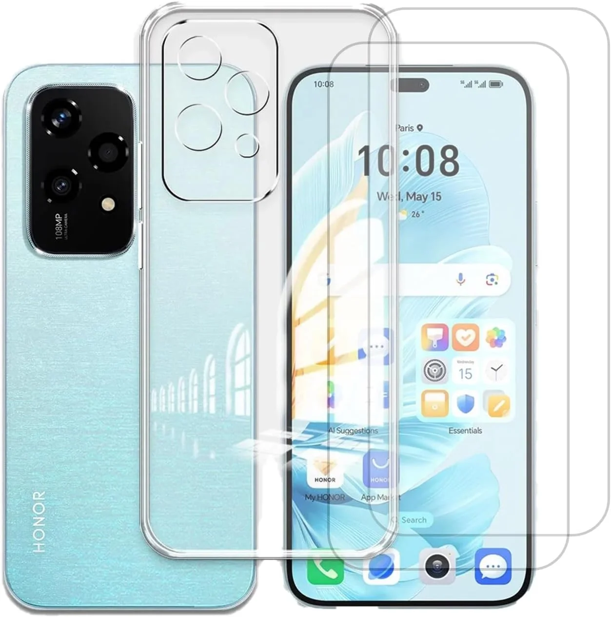 قاب گوشی توجیبی (1+2 عددی) سازگار با HONOR 200 Lite 5G به همراه 2 عدد محافظ صفحه نمایش شیشه ای حرارت دیده، کاور TPU نرم و شفاف