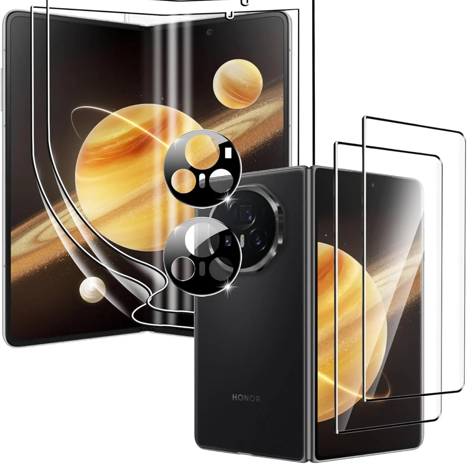 محافظ صفحه نمایش 6 عددی Vurtboly سازگار با Honor Magic V3 2024، 2 عدد شیشه حرارت دیده 9H بیرونی + 2 عدد فیلم نرم TPU داخلی + 2 عدد محافظ دوربین، ضد خش و ضد ضربه برای Honor Magic V3