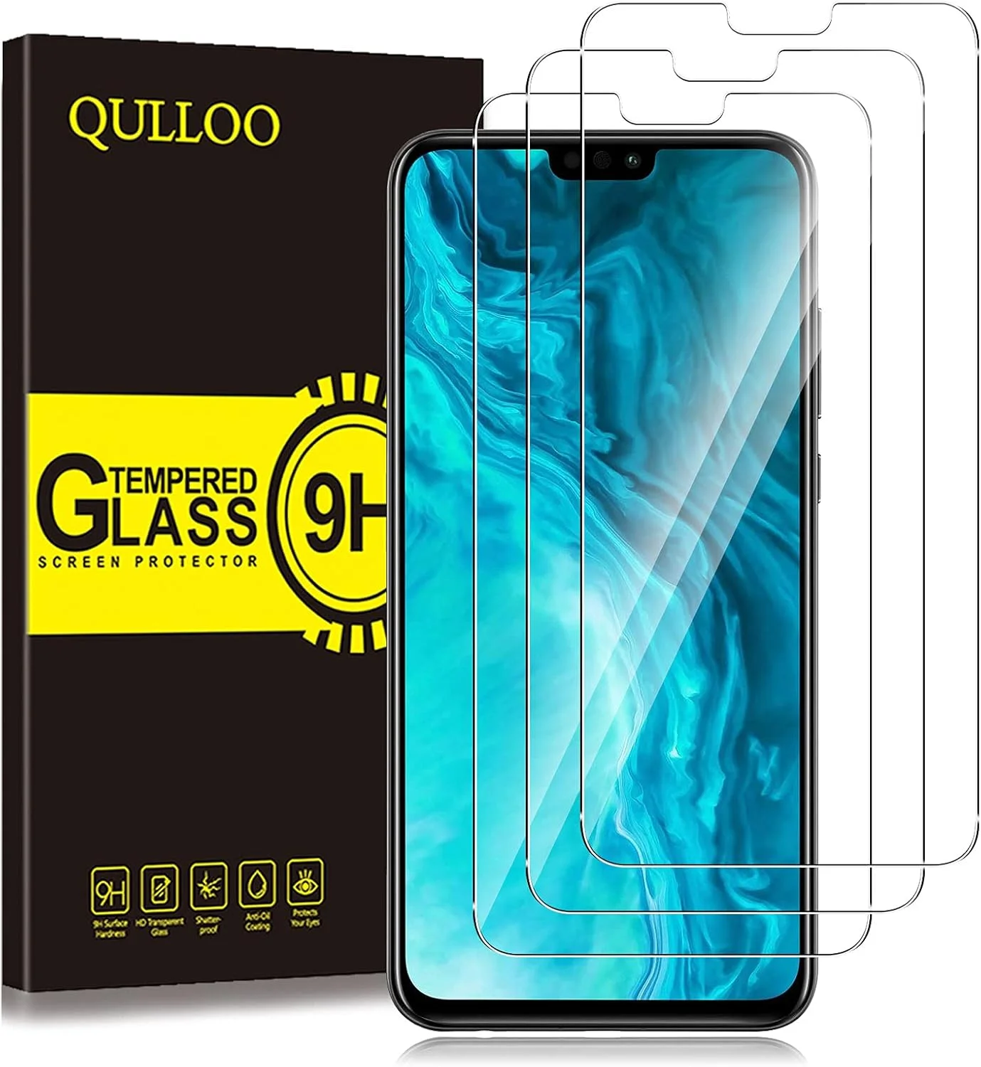 محافظ صفحه نمایش شیشه ای حرارت دیده QULLOO برای گوشی Huawei Honor 9X Lite، محافظ صفحه نمایش HD شیشه ای حرارت دیده با سختی 9H، ضد خش، فیلم شیشه ای برای گوشی موبایل Huawei Honor 9X Lite