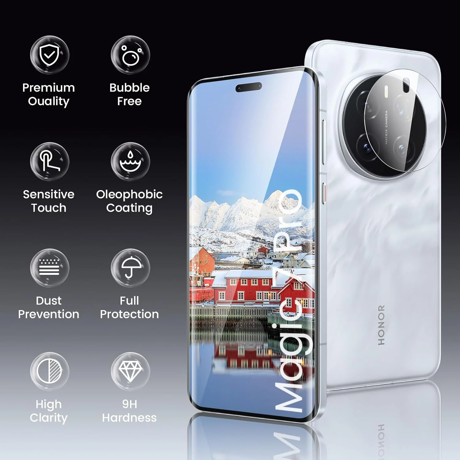 محافظ صفحه نمایش شیشه ای حرارت دیده TECHO Honor Magic 7 Pro، [بسته 2+2 عددی] [مقاوم در برابر خراش] پوشش کامل، سختی 9H، ضد اثر انگشت، محافظ فوق العاده HD