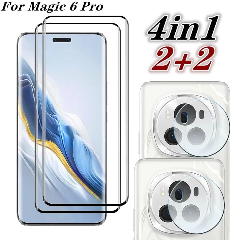 Gruattreay 2+2 Pack Compatible with Honor Magic 6 Pro 5G Screen Protector with Camera Lens Protector,Full Coverage Tempered Glass Film,HD Clear Scratch Resistant Screen Protector