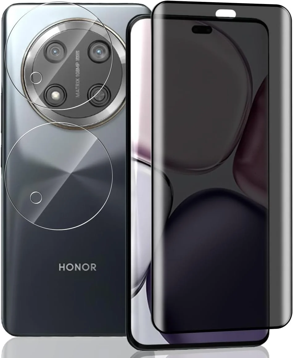 محافظ صفحه نمایش حریم خصوصی Yieehhow برای گوشی Honor X9C، شیشه حرارت دیده، [1 عدد] شیشه محافظ ضد جاسوسی با سختی 9H و [بسته 2 عددی] محافظ لنز دوربین، محافظ صفحه نمایش شیشه ای حریم خصوصی حرارت دیده