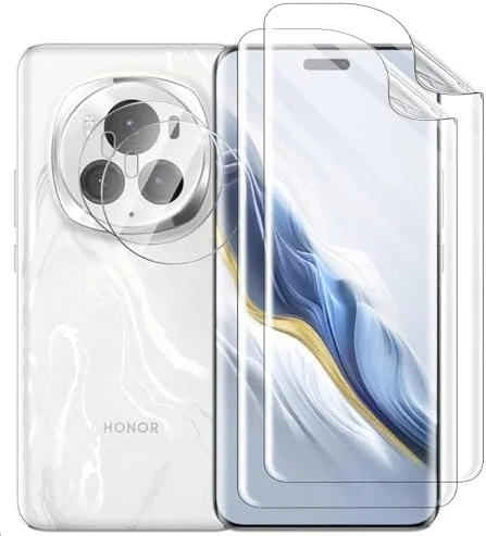 محافظ صفحه نمایش انعطاف پذیر Gruattreay سازگار با گوشی Honor Magic6 Pro 5G، بسته 2 عددی محافظ صفحه نمایش + بسته 2 عددی محافظ لنز دوربین شیشه ای حرارت دیده، HD، ضد خش