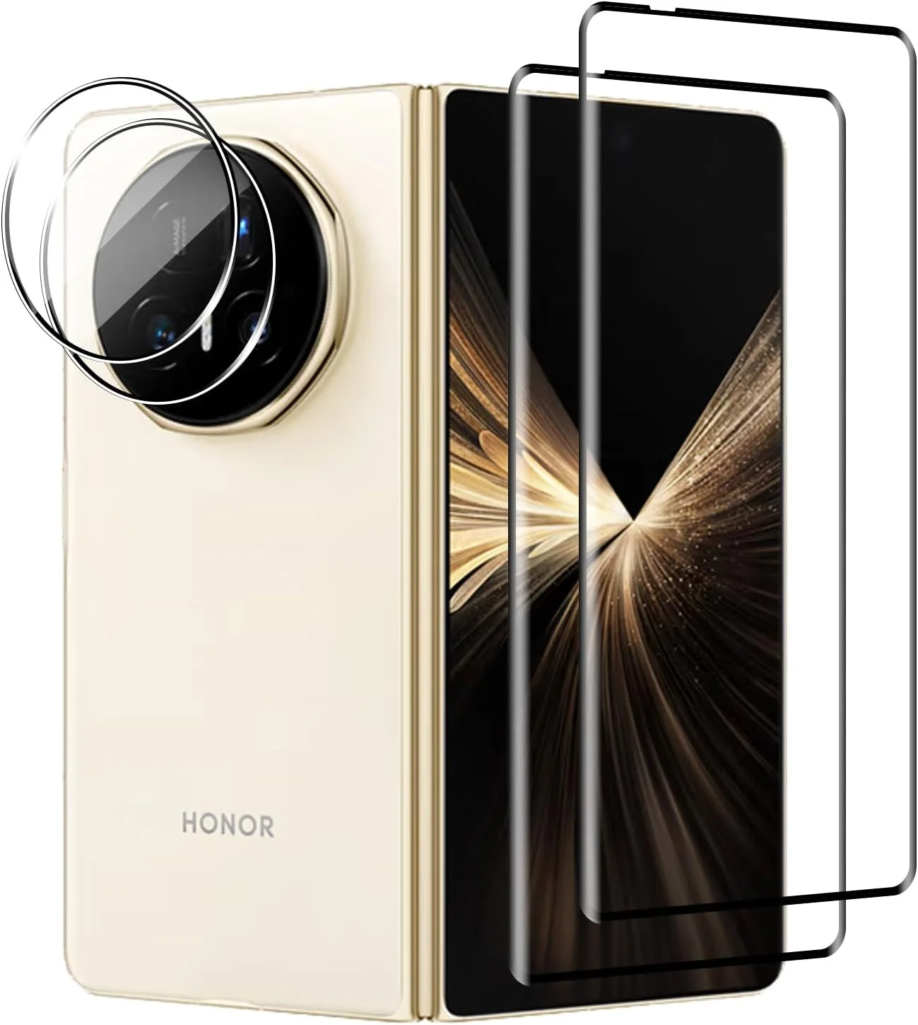محافظ صفحه نمایش شیشه ای حرارت دیده Bihizei برای Honor Magic V5، 2 عدد محافظ صفحه نمایش سه بعدی و 2 عدد محافظ لنز دوربین عقب، بدون حباب، محافظت دوگانه