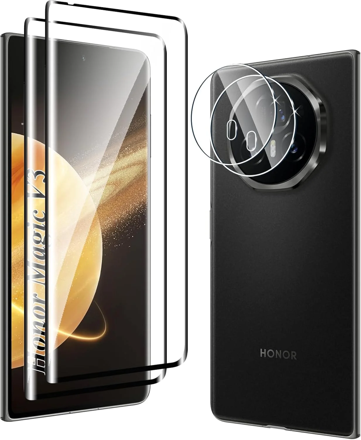 محافظ صفحه نمایش شیشه ای حرارت دیده Fyqzio [بسته 2+2] سازگار با Honor Magic V3 و دوربین، بدون حباب، سختی 9H، ضد خش، منحنی سه بعدی، محافظ صفحه نمایش HD برای Honor Magic V3