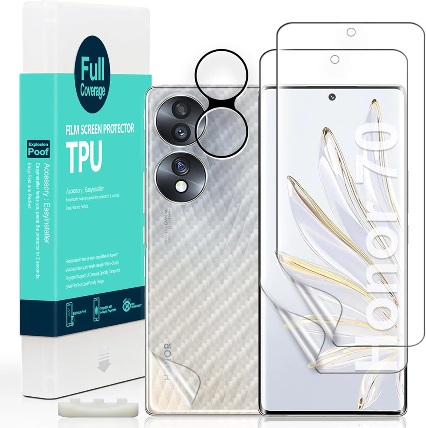 محافظ صفحه نمایش انعطاف پذیر TPU آی بادی ویند (Ibywind) مدل 2 عددی مناسب برای گوشی آنر 70 5G سایز 6.67 اینچ، به همراه 1 عدد محافظ لنز دوربین و 1 عدد محافظ پشت گوشی [نصب آسان، سازگار با قاب، شفافیت HD، بدون حباب، سازگار با اثر انگشت]
