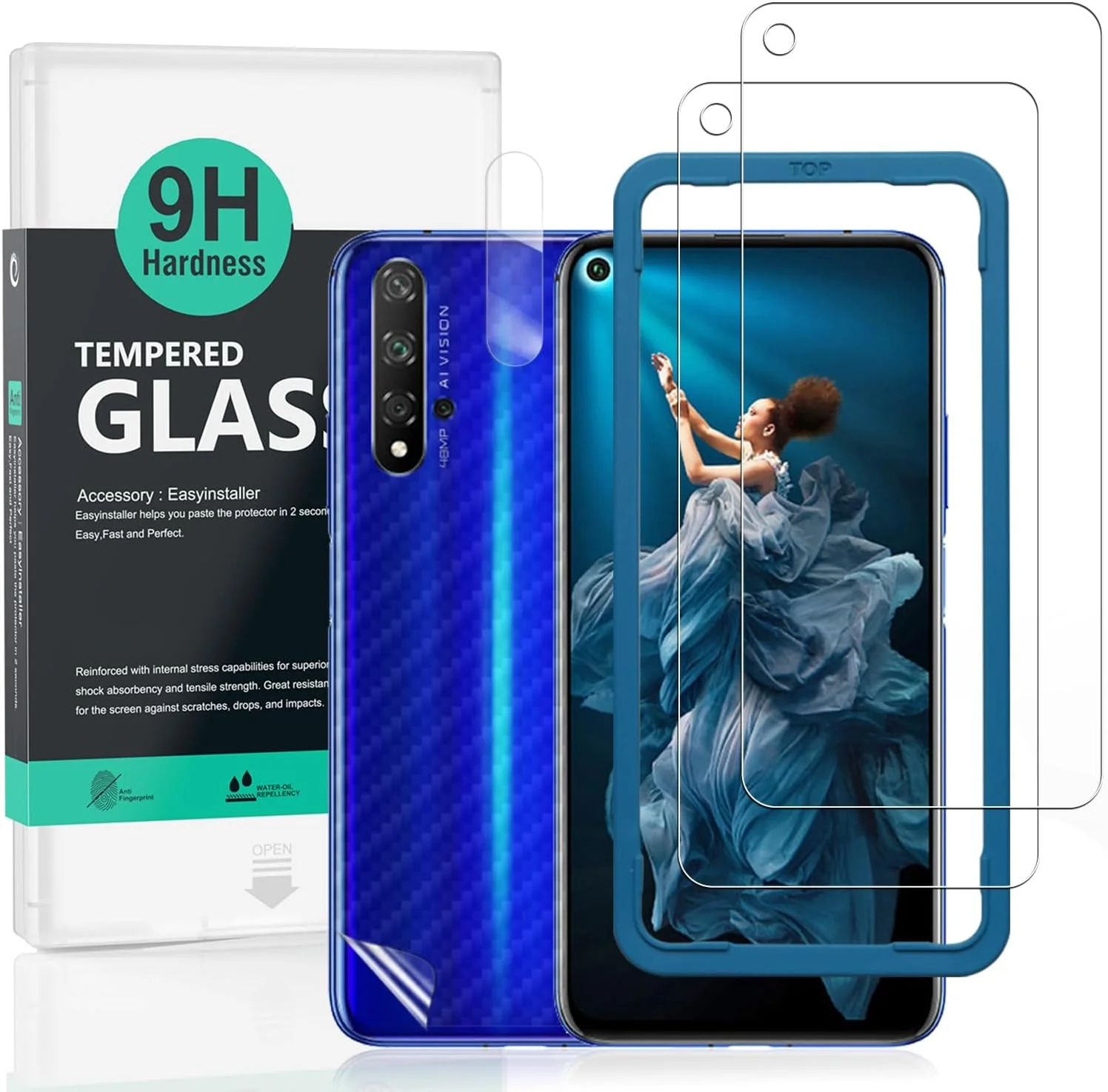 محافظ صفحه نمایش Ibywind برای Honor 20/Nova 5T سایز 6.26 اینچ، بسته 2 عددی شیشه حرارت دیده با سختی 9H، به همراه 1 عدد محافظ لنز دوربین، 1 عدد برچسب فیبر کربن پشت، نصب آسان
