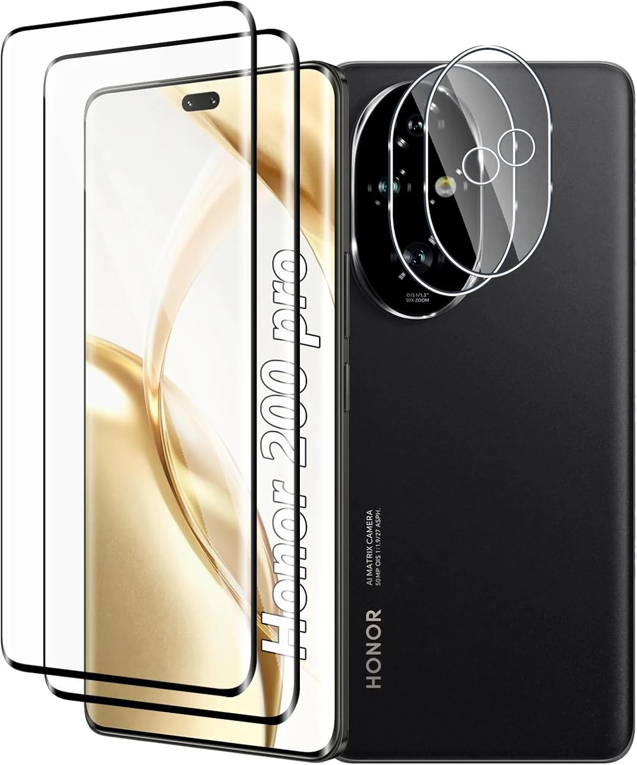 محافظ صفحه نمایش شیشه ای حرارت دیده Fyqzio [بسته 2+2 عددی] سازگار با Honor 200 Pro و دوربین، بدون حباب، سختی 9H، ضد خش، منحنی سه بعدی، محافظ صفحه نمایش HD برای Honor 200 Pro
