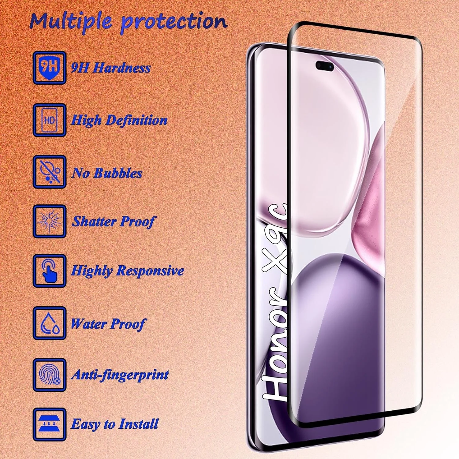 محافظ صفحه نمایش شیشه ای حرارت دیده Fyqzio [بسته 2+2] سازگار با HONOR X9c و دوربین، بدون حباب، سختی 9H، ضد خش، منحنی سه بعدی، محافظ صفحه نمایش HD برای HONOR X9c