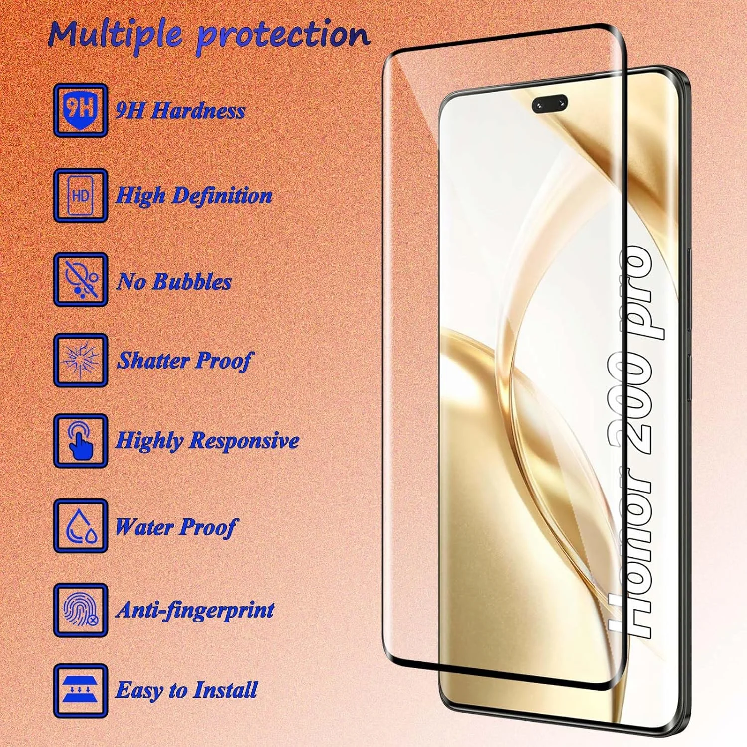 محافظ صفحه نمایش شیشه ای حرارت دیده Fyqzio [بسته 2+2 عددی] سازگار با Honor 200 Pro و دوربین، بدون حباب، سختی 9H، ضد خش، منحنی سه بعدی، محافظ صفحه نمایش HD برای Honor 200 Pro