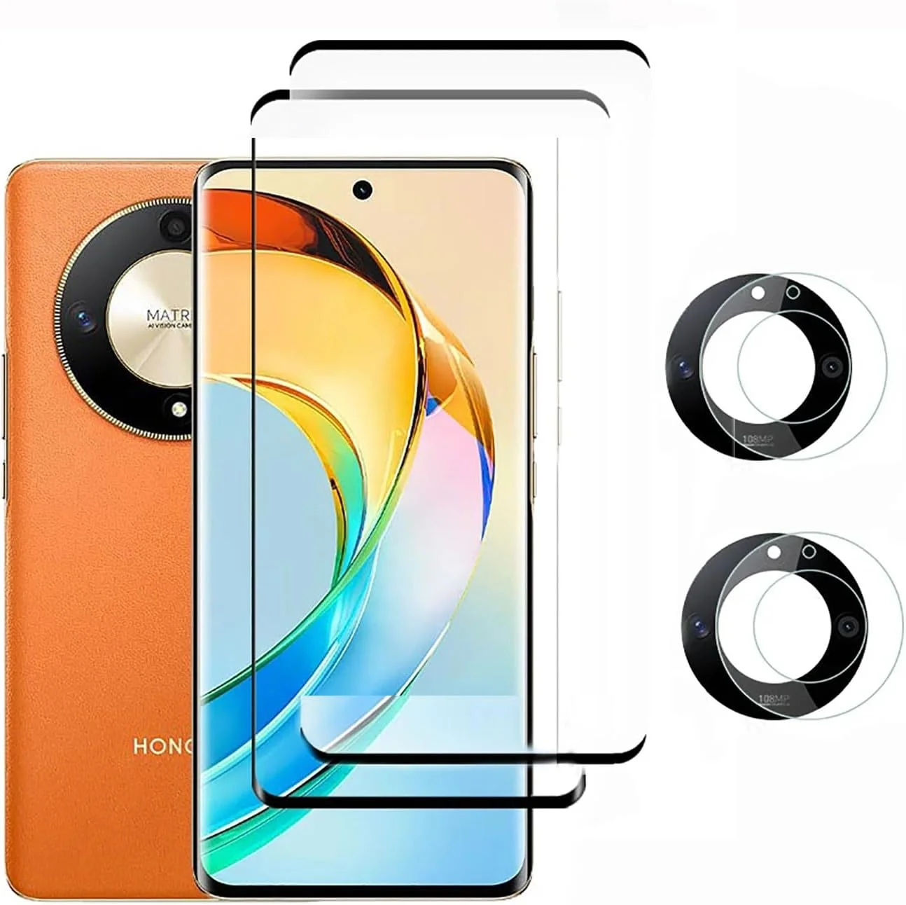 محافظ صفحه نمایش شیشه ای حرارت دیده و محافظ دوربین گوشی پاچن سازگار با گوشی آنر X9B، فیلم شیشه ای حرارت دیده محافظ دوربین سه بعدی (شفاف) (X9b) [بسته 2+2 تایی]