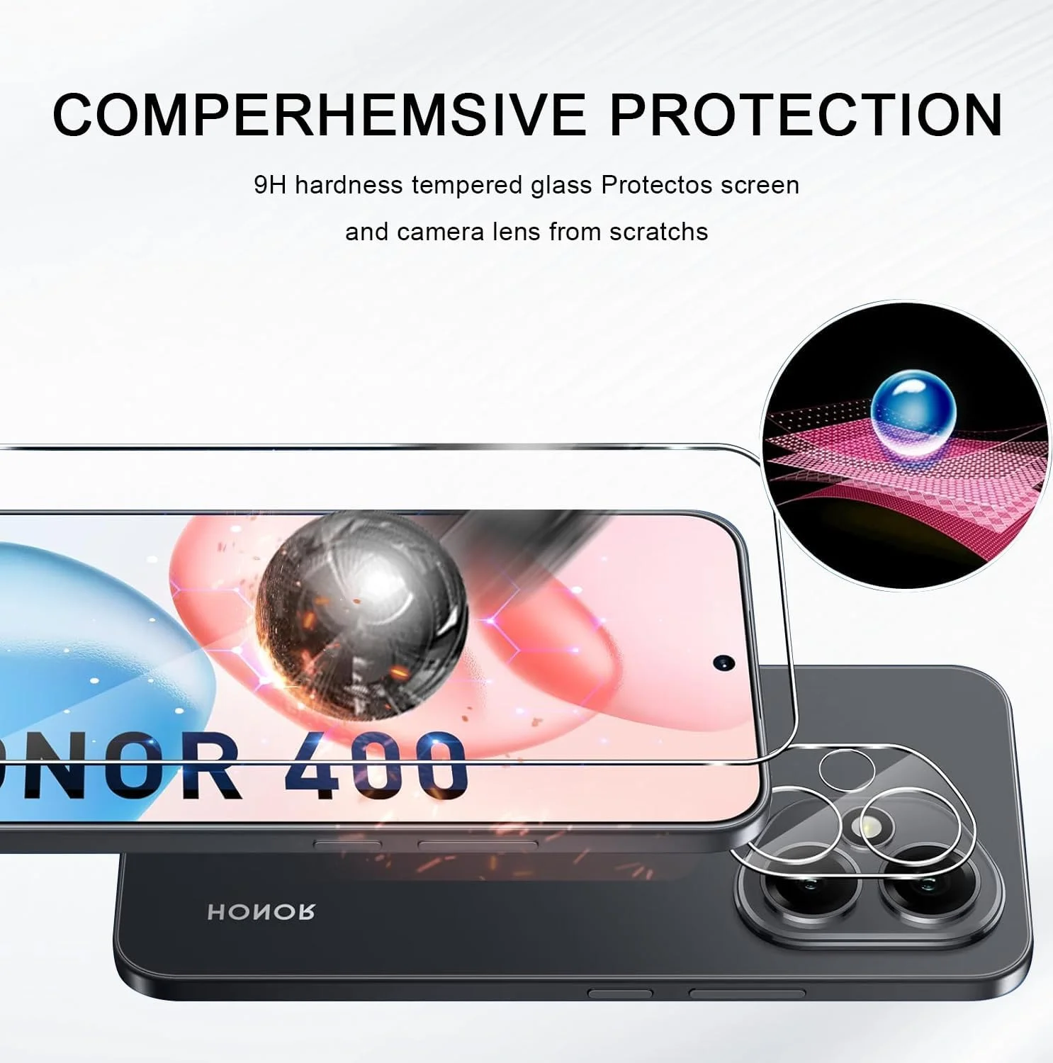 محافظ صفحه نمایش [2+2] UOEPOWA برای گوشی Honor 400 به همراه محافظ لنز دوربین، فیلم شیشه ای حرارت دیده 9H، فیلم شفاف HD مقاوم در برابر خراش، محافظت درجه نظامی، پوشش کامل HD، ضد اثر انگشت