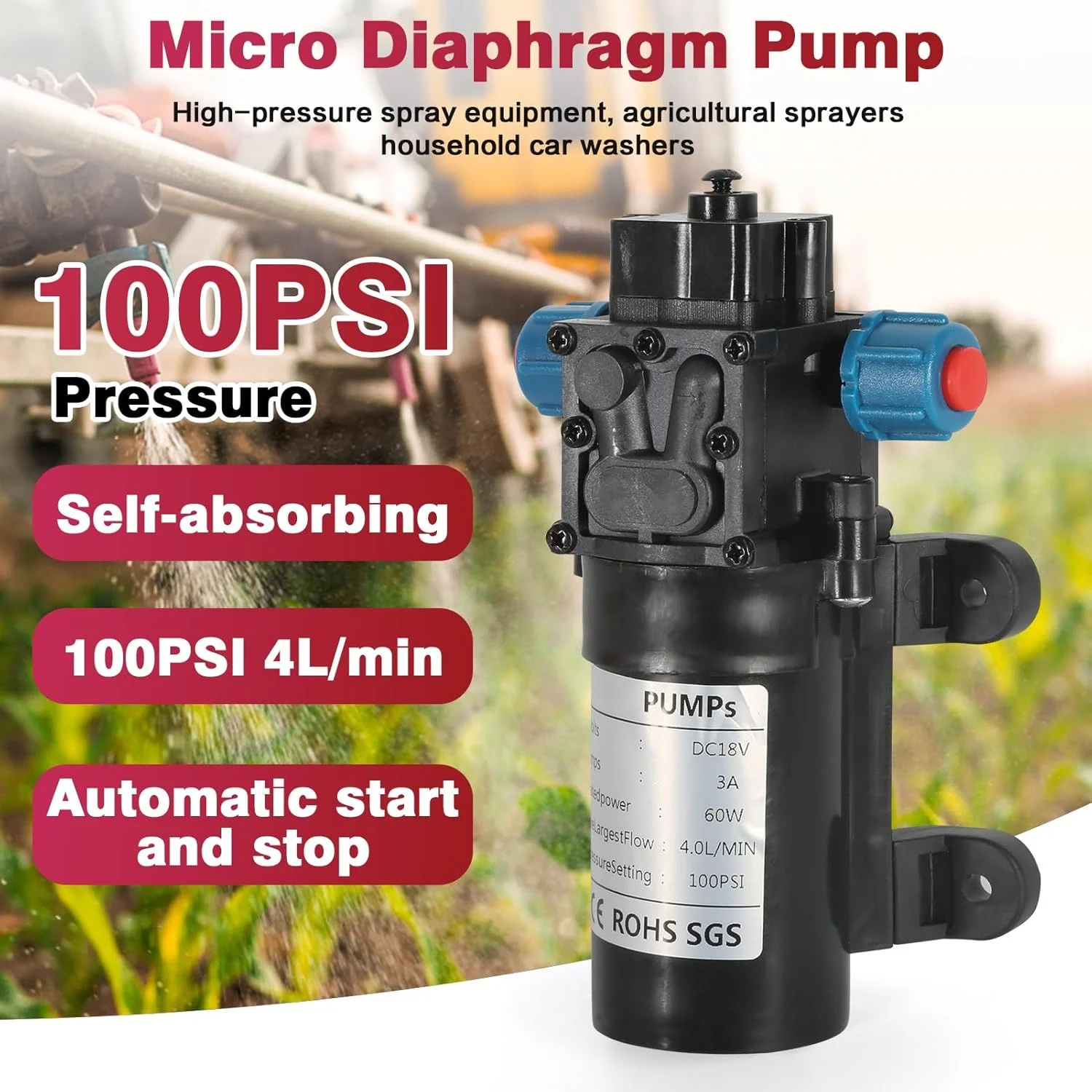 پمپ دیافراگمی DEWIN، پمپ آب برگشتی دیافراگمی میکرو 18 ولت 60 وات با سوئیچ اتوماتیک 4 لیتر در دقیقه، آبپاش فشار قوی